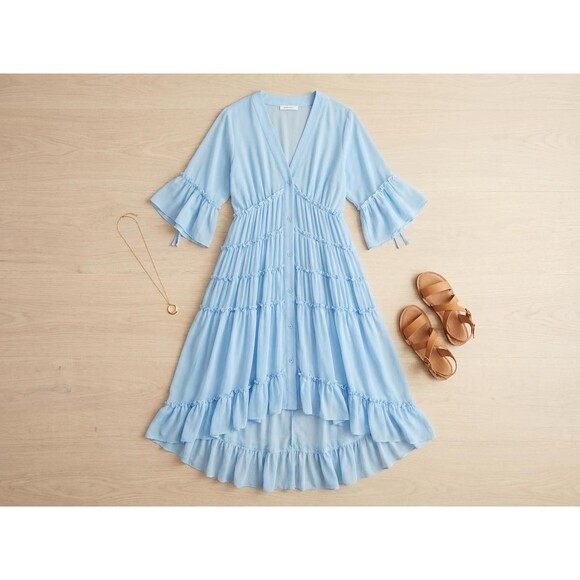 Dresses & Skirts - Womens Boho Large Baby Blue Sheer Chiffon Ruffled Tiered High Low Dress